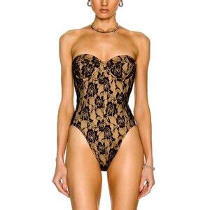 NWT Norma Kamali Corset Mio Bodysuit in Black Roses Nude Medium 90s Bustier Top